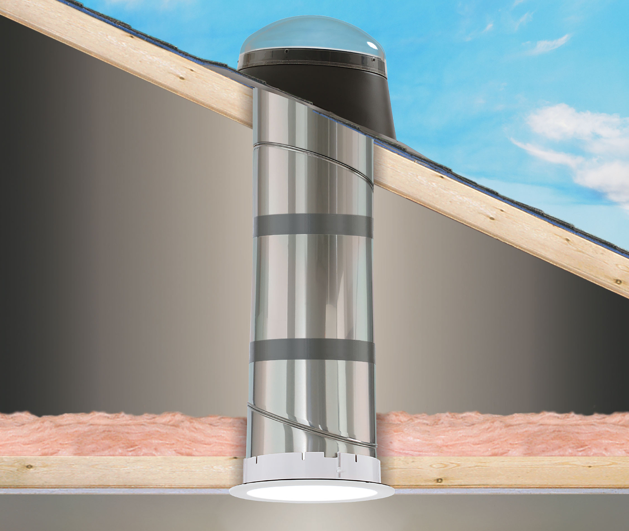 A graphic of a Rigid Sun Tunnel showing a cross section of a solar tube from the roof, through the attic, and into the home.