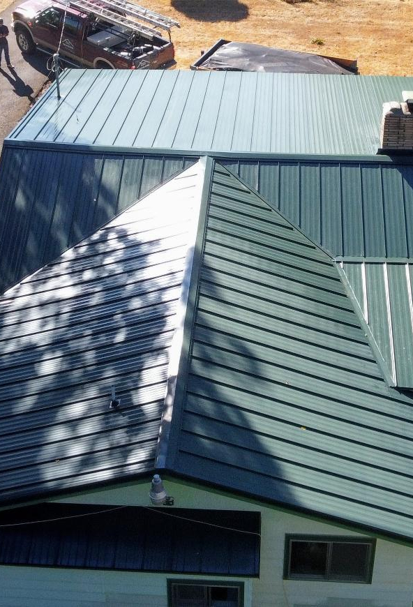 An aerial shot of a metal roof